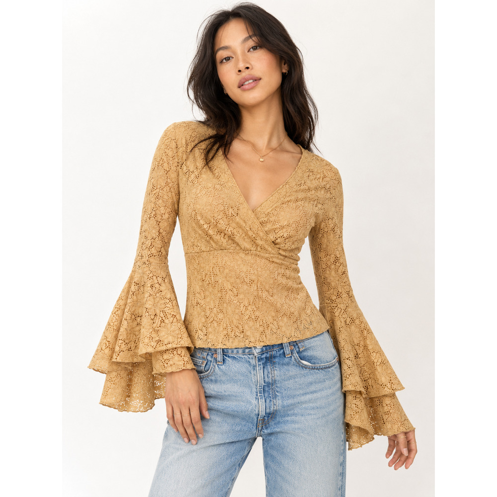Monteau Lace Bell Sleeve Babydoll Top Boho Fairycore Romantic Small Beige